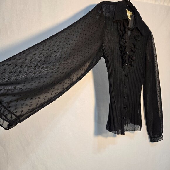 Vintage NEW YORK CITY D. Boho Y2K Black Sheer Pleated Ruffle Shirt Top Size M. - Picture 2 of 16
